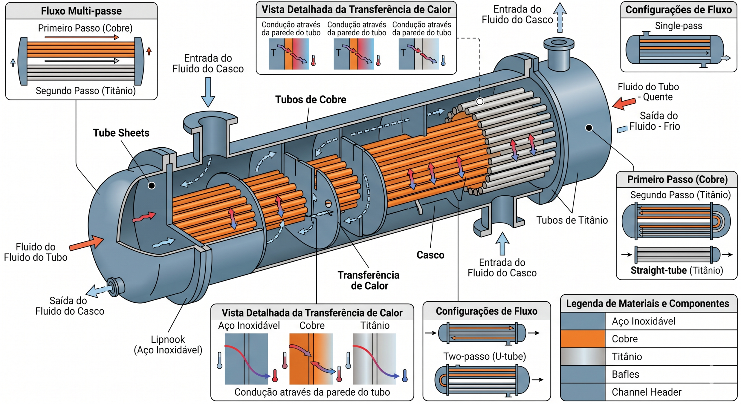 Diagrama técnico de um trocador de calor de casco e tubos, mostrando materiais como aço inoxidavel e cobre.