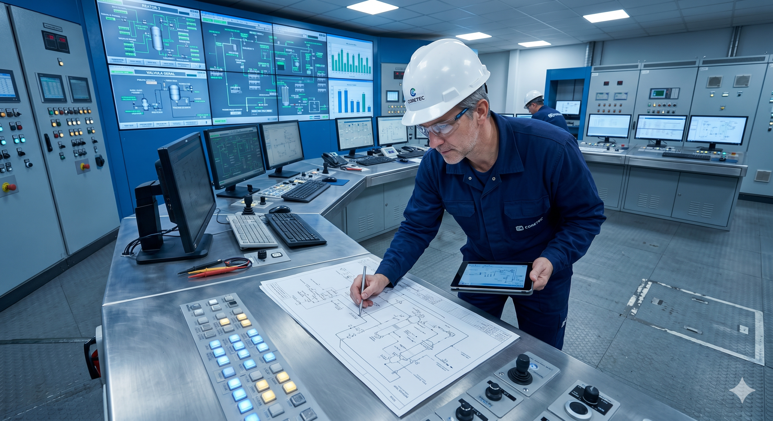 Engenheiro analisando diagrama de tubulação industrial