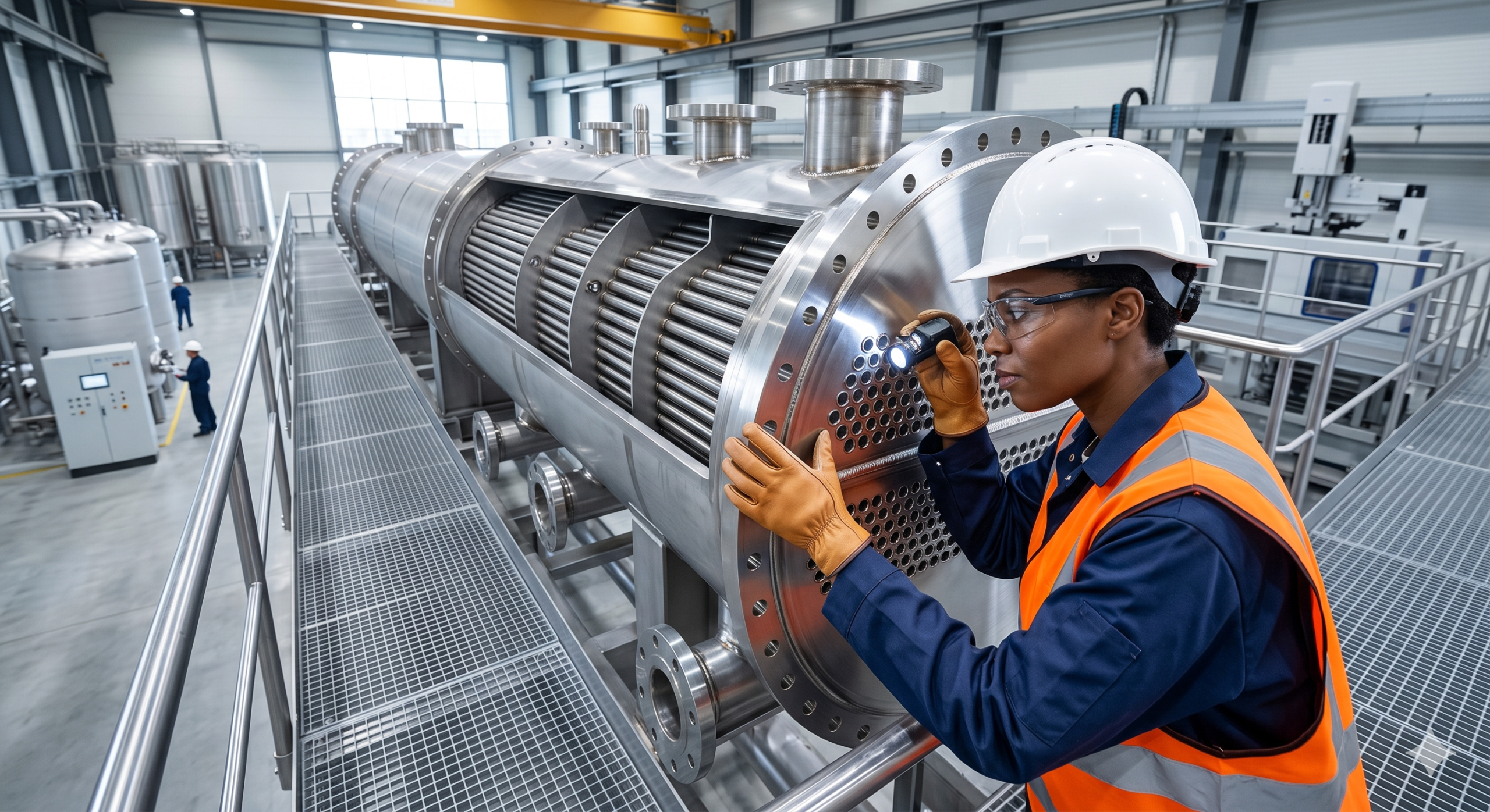 Engenheiro inspecionando um trocador de calor industrial de aço inoxidavel em uma fábrica
