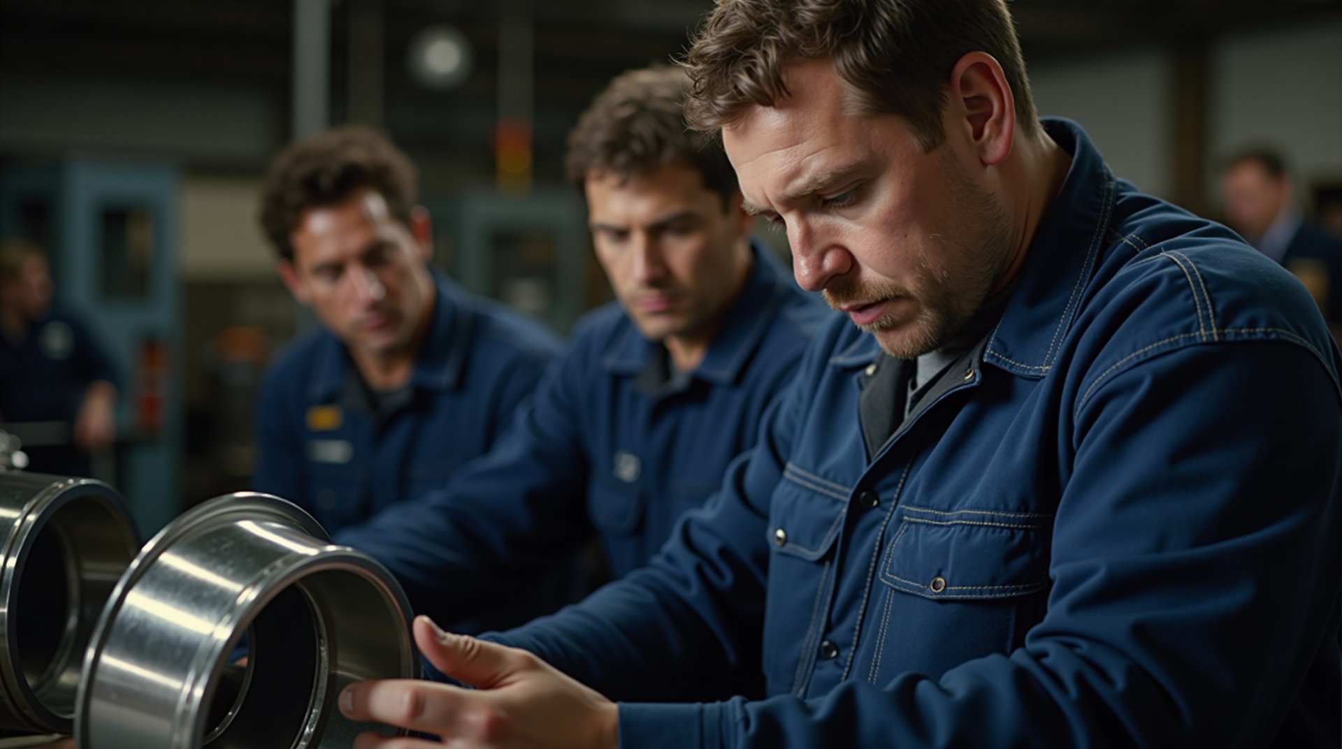 Armazém industrial com trabalhadores inspecionando aço inoxidável