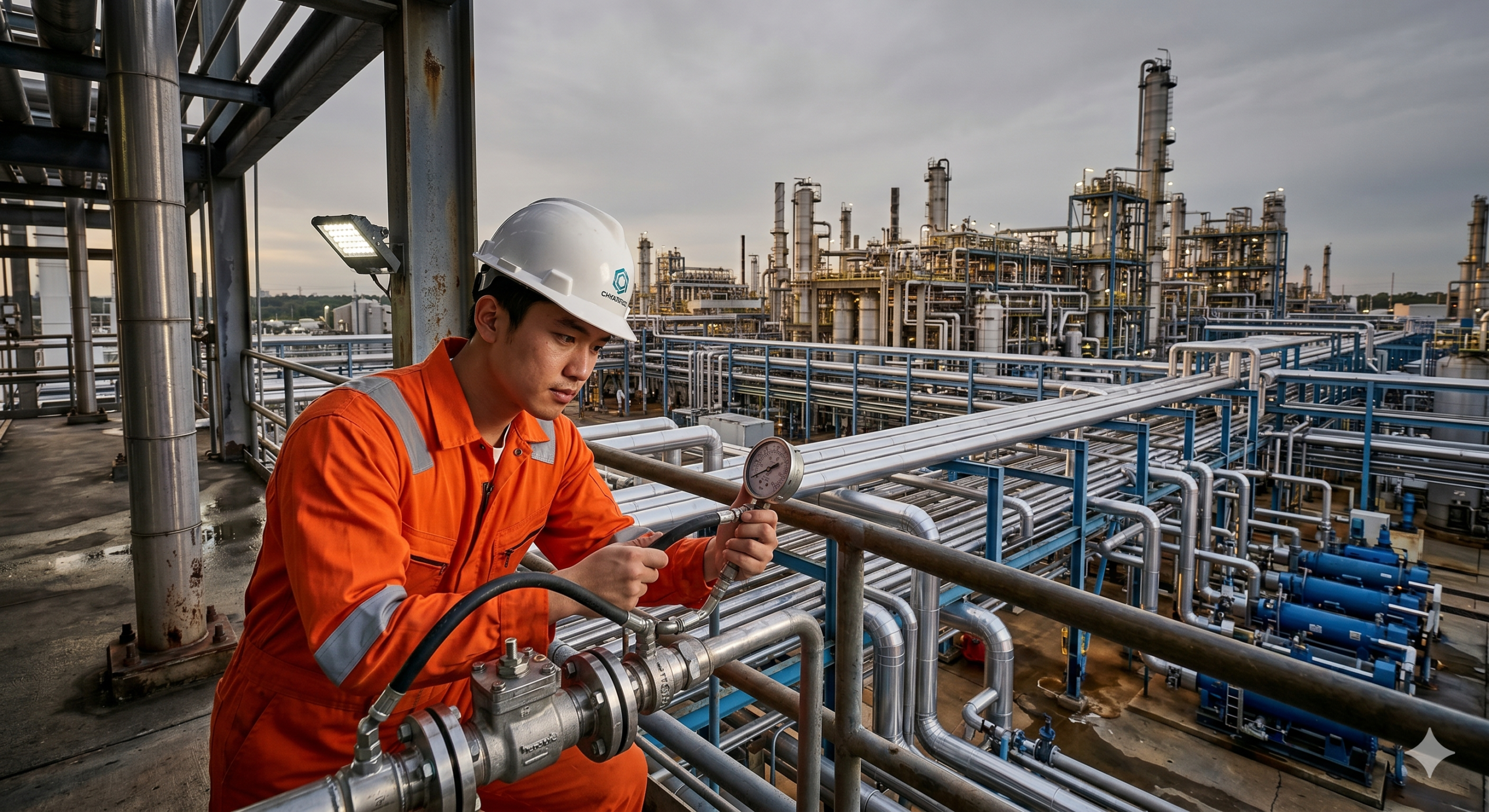 Técnico inspecionando tubulação industrial