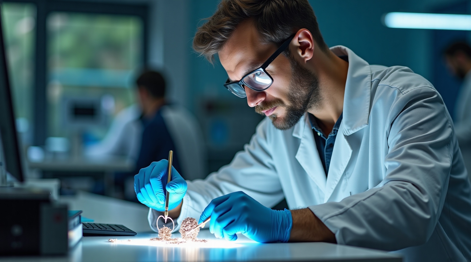 Engenheiro analisando amostras de liga de níquel e aço em laboratório