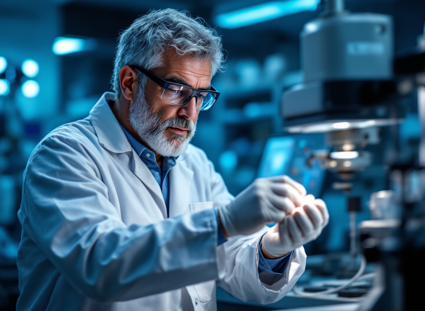 Engenheiro analisando material compósito avançado em laboratório de pesquisa industrial.