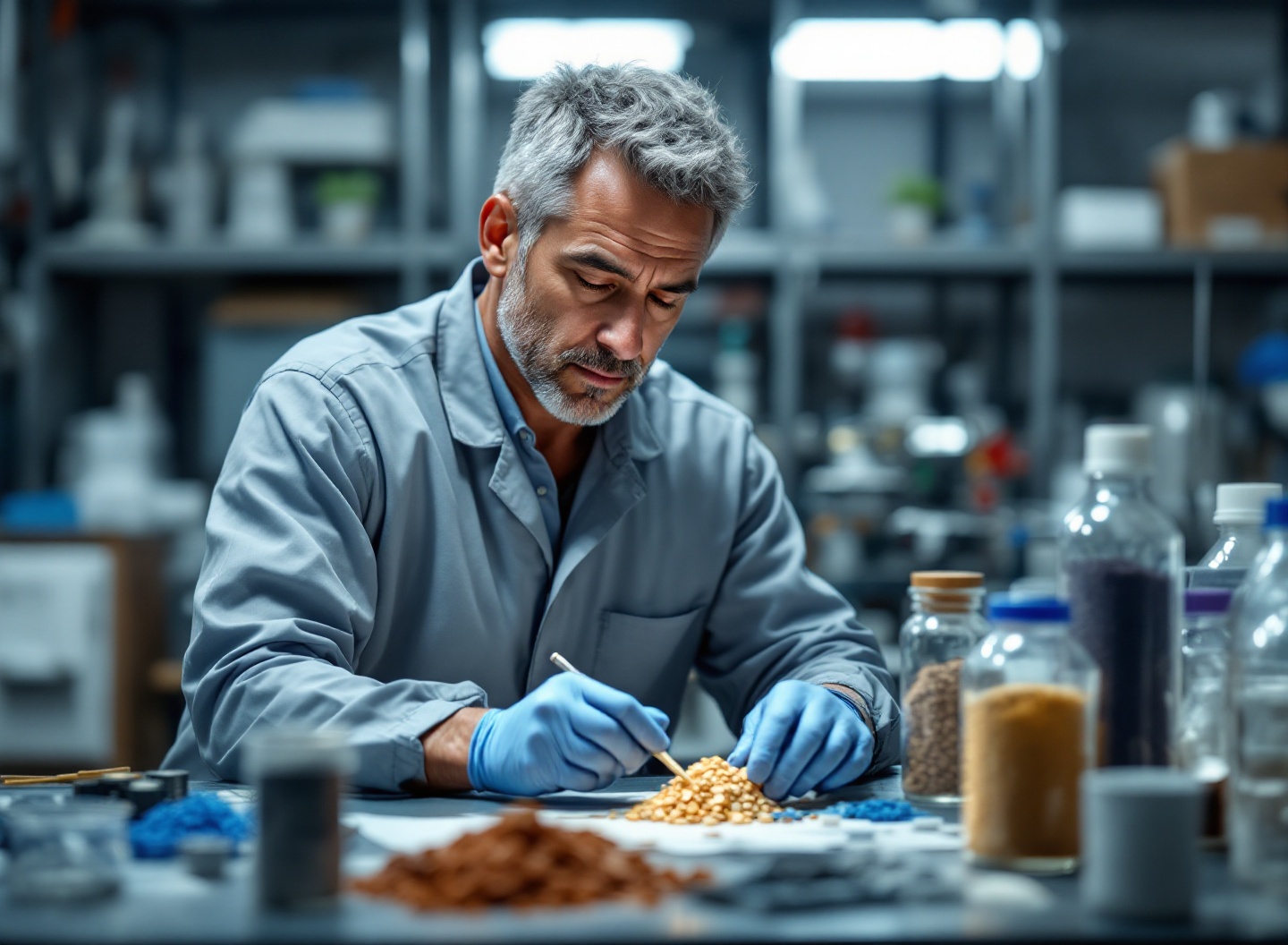 Engenheiro analisando materiais industriais em laboratório
