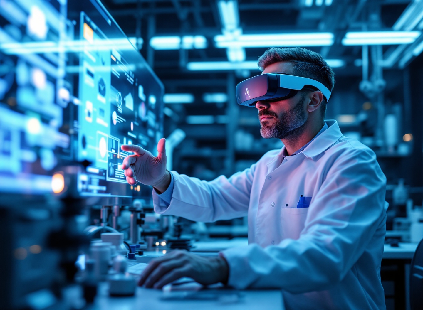 Cientista usando tecnologia de realidade aumentada em laboratório de materiais inteligentes