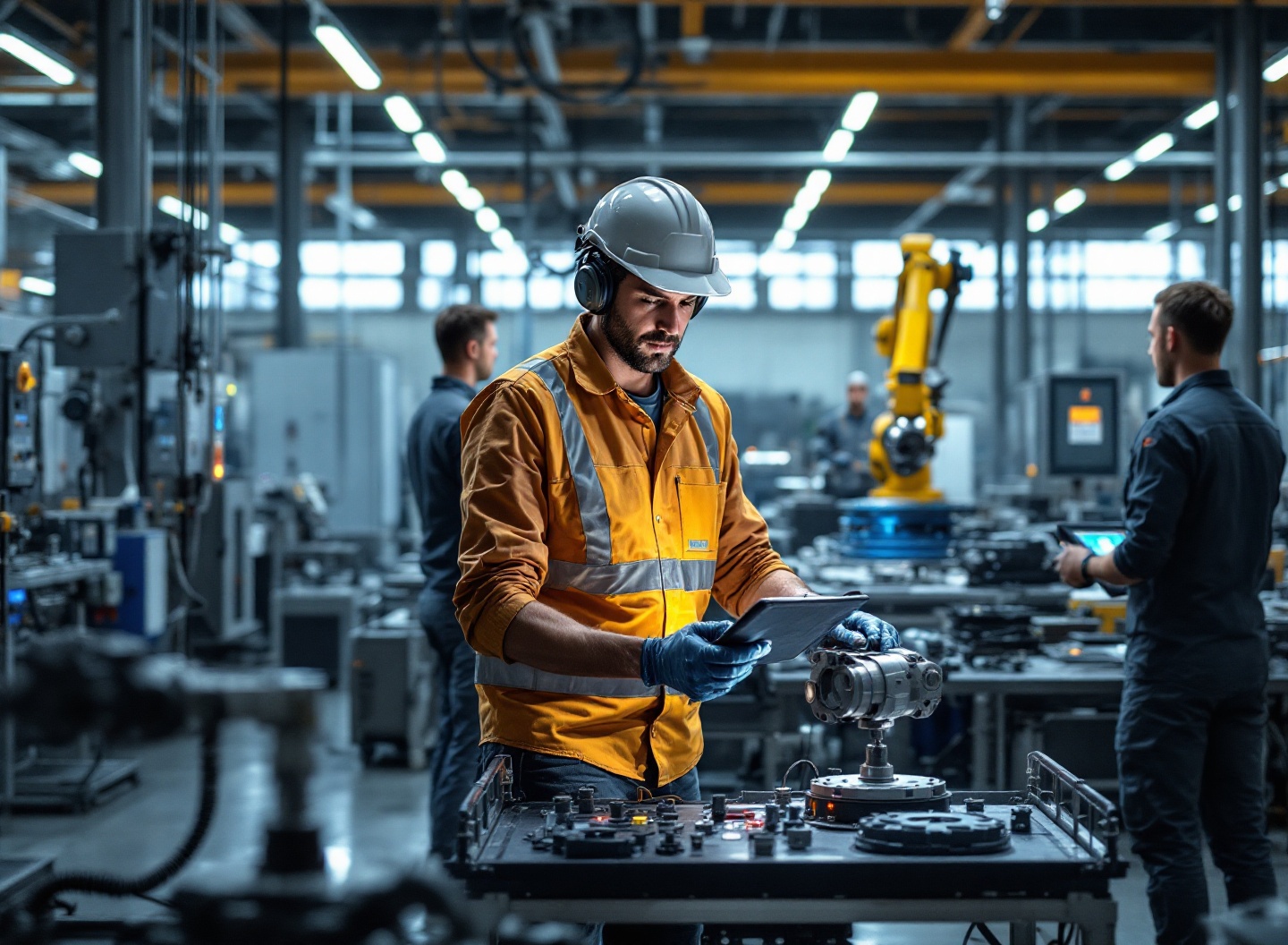 Robô industrial operando linha de montagem automatizada