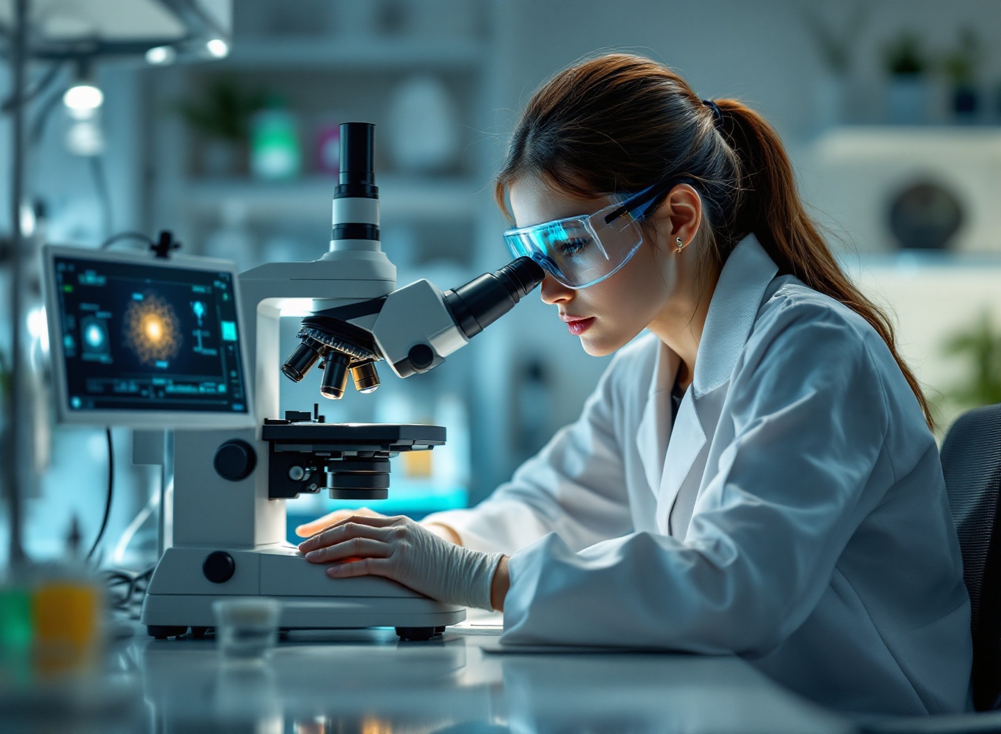 Cientista pesquisando nanoestruturas de materiais avançados com microscópio eletrônico de varredura.