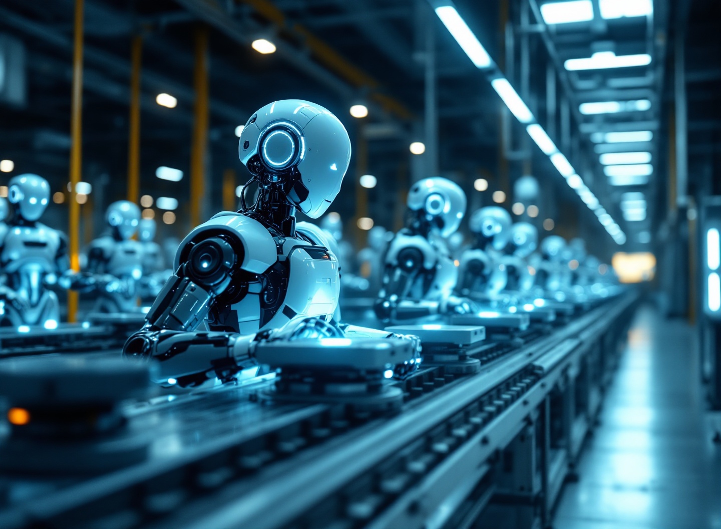 Fábrica inteligente com robôs e humanos colaborando, exemplificando tecnologias industriais avançadas.