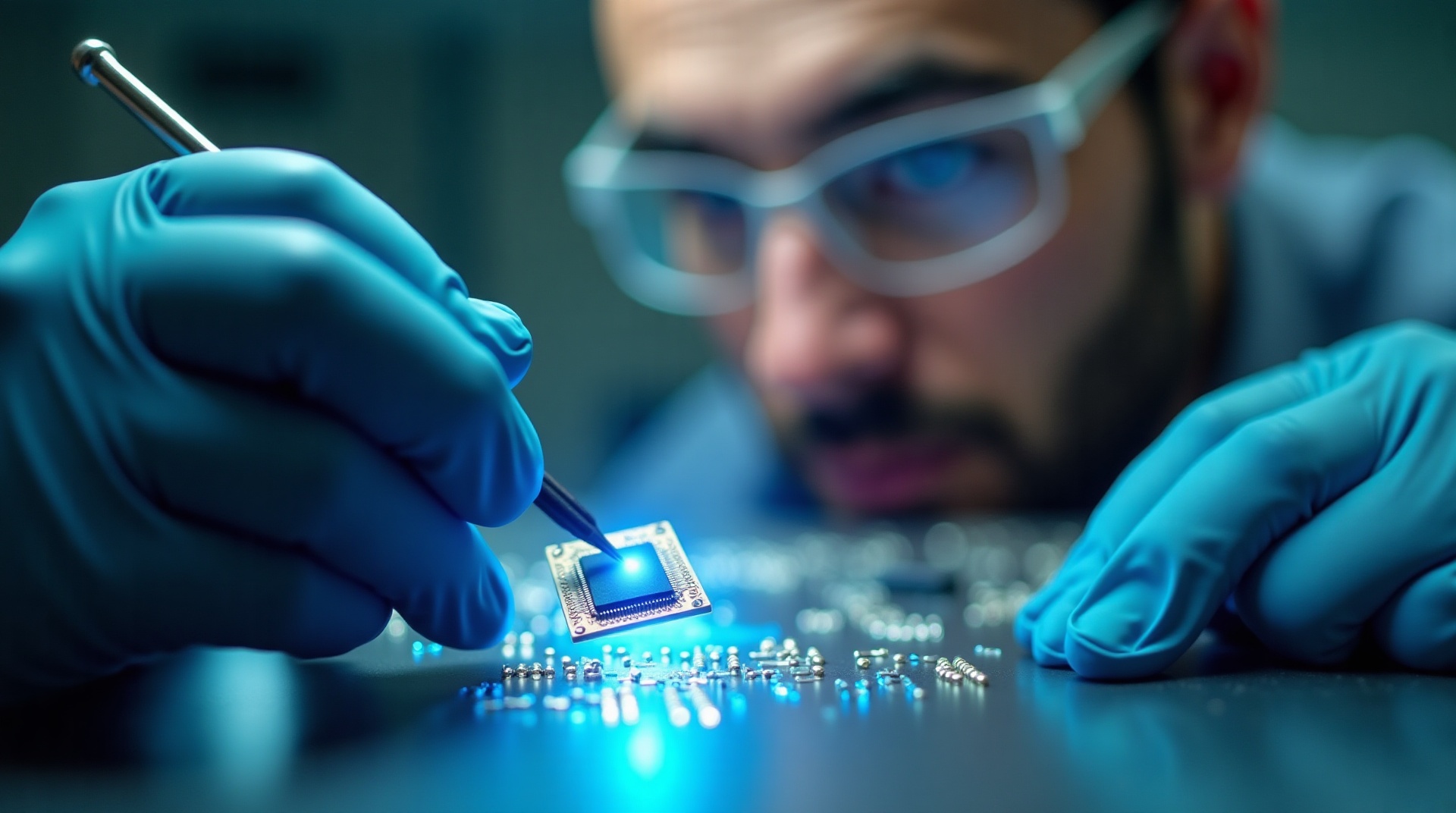 Engenheiro inspecionando material industrial raro com lupa em laboratório