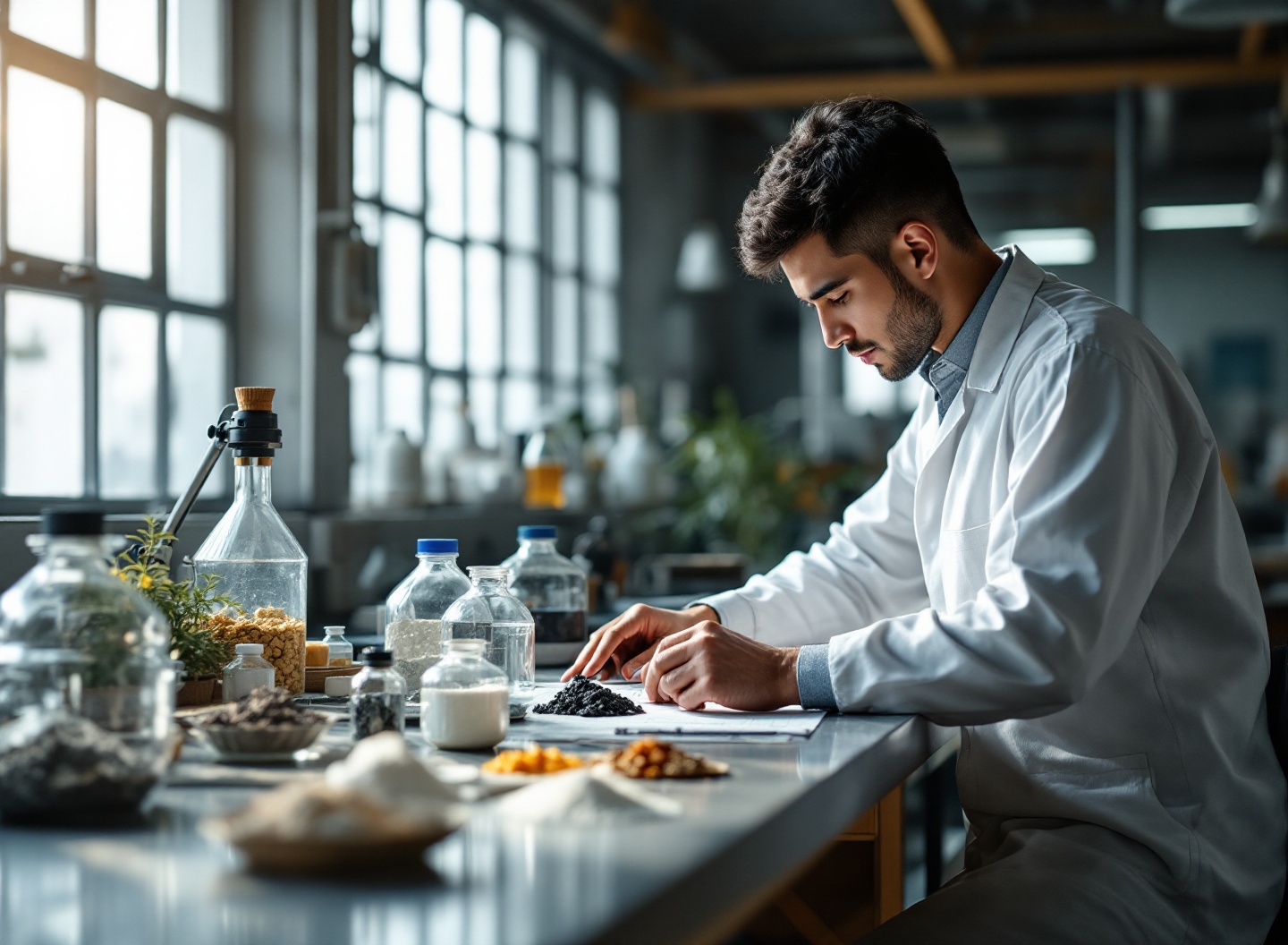Mesa de trabalho com amostras de materiais industriais na fábrica