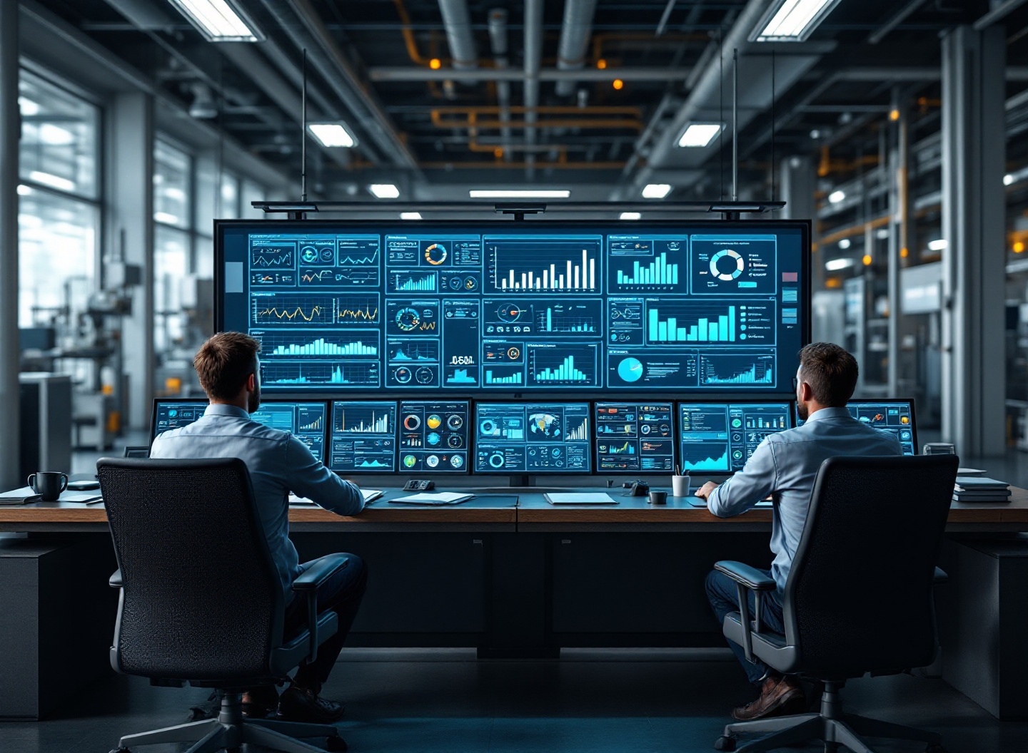 Sala de controle com monitores de produção automatizada