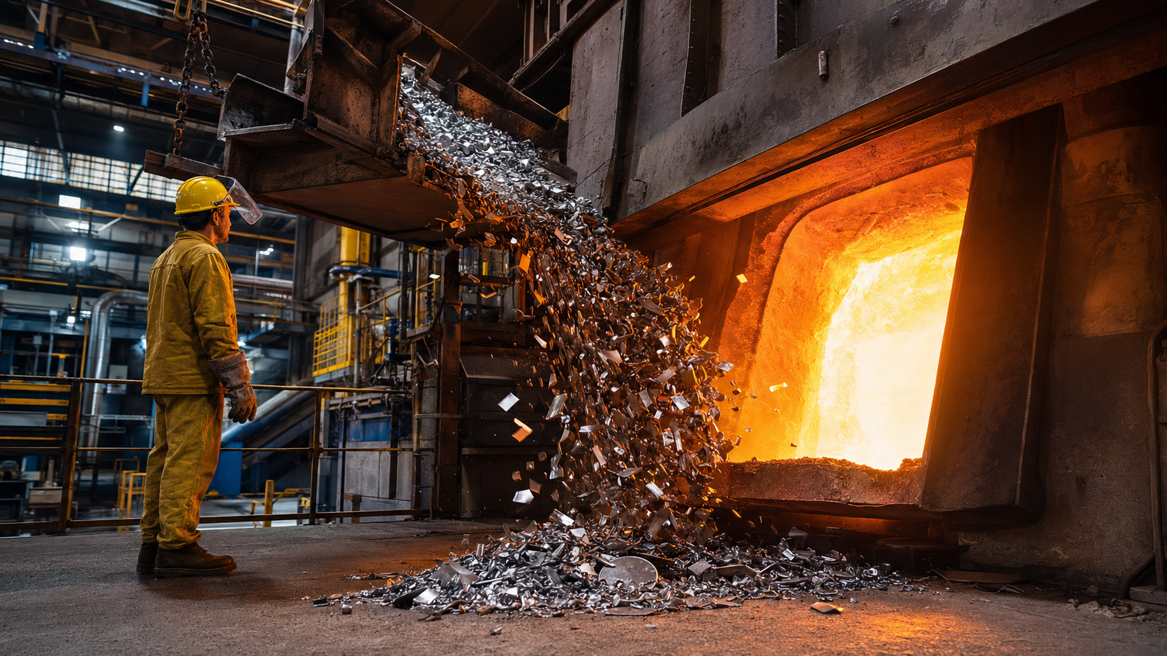 Processo de reciclagem de aço inoxidável em forno industrial com fluxo de material e operário