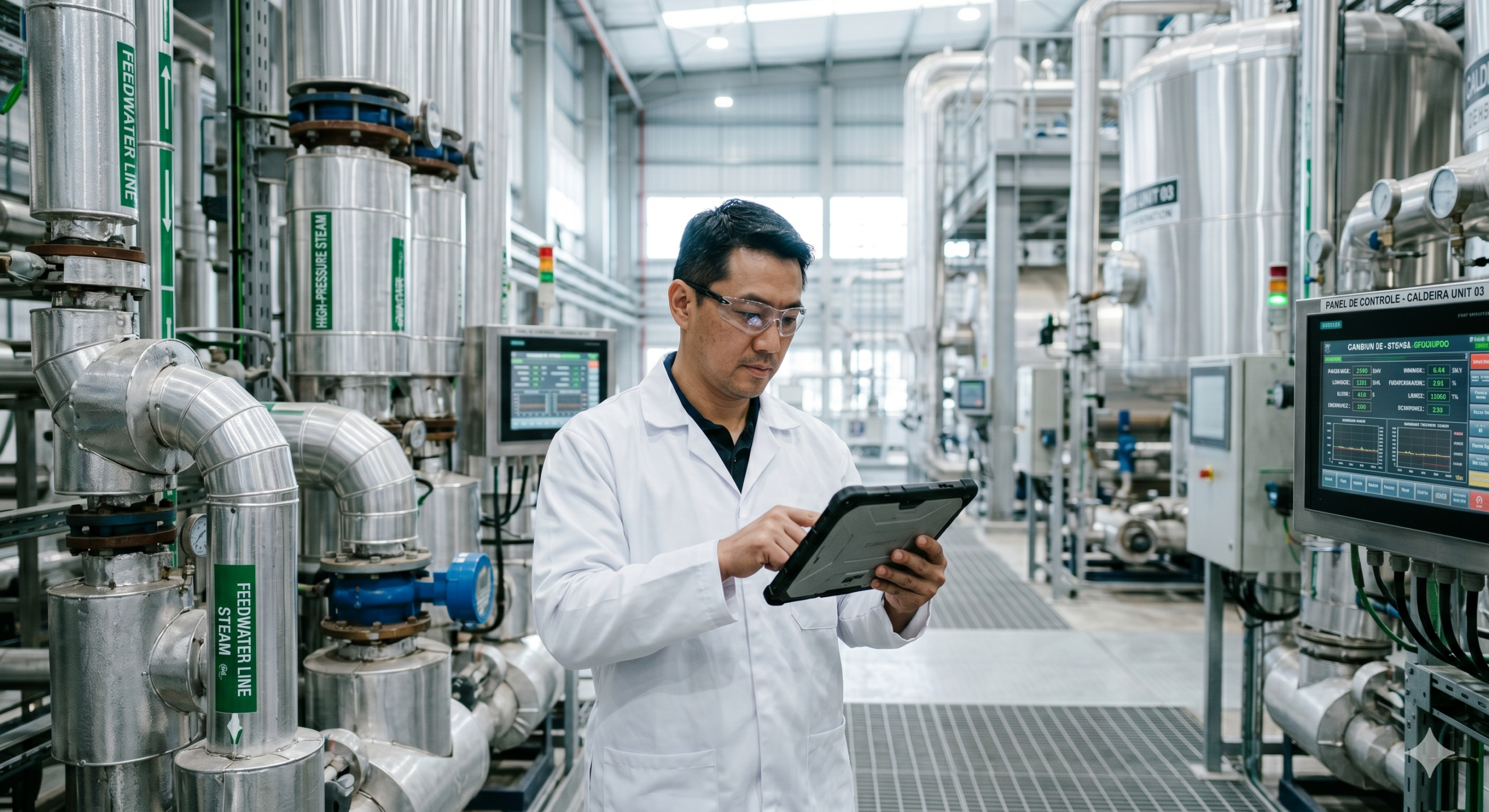 Engenheiro inspecionando tubulações de caldeira com tablet