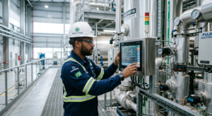 Engenheiro observando caldeira industrial em operação