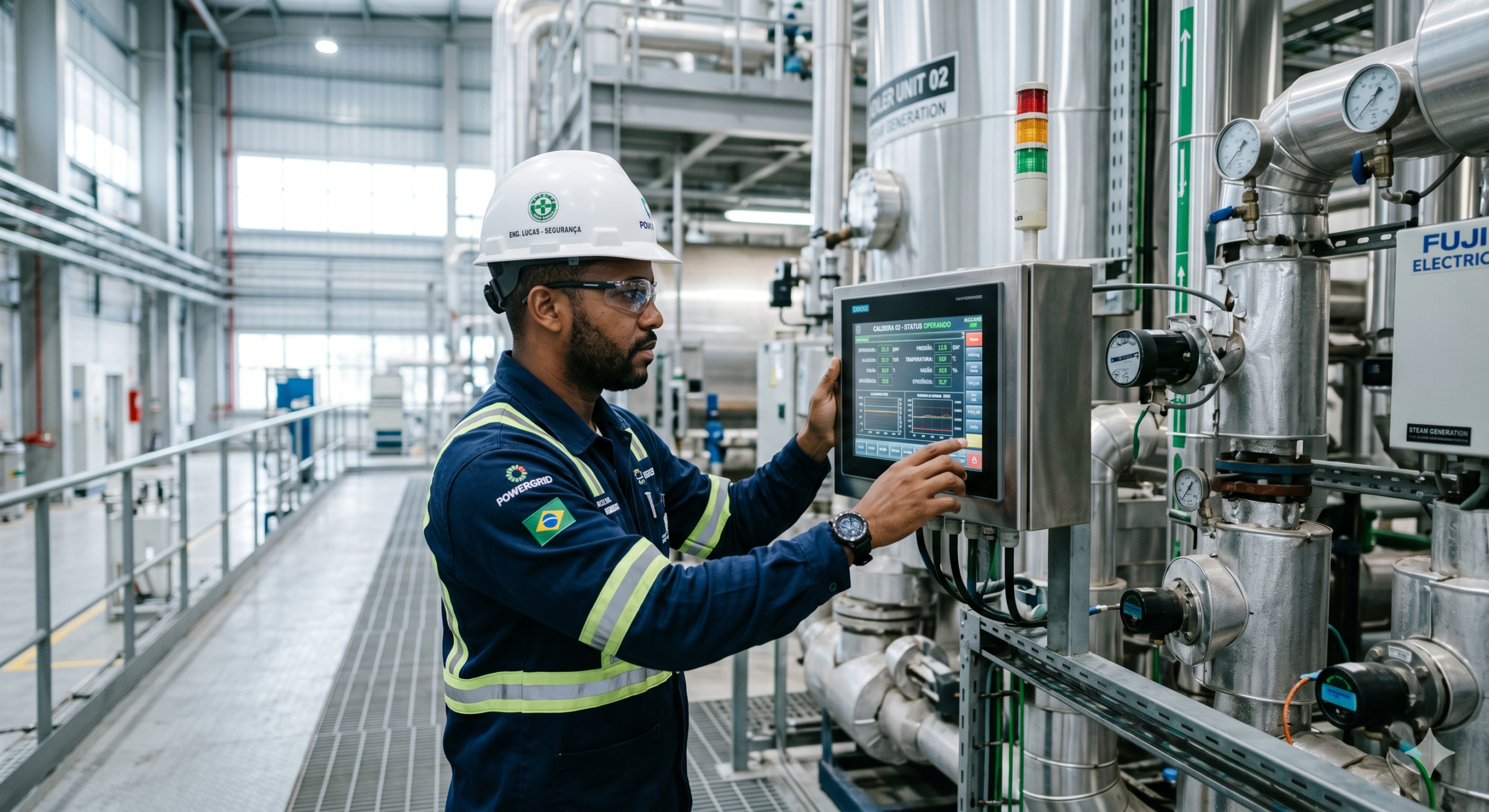 Engenheiro observando caldeira industrial em operação